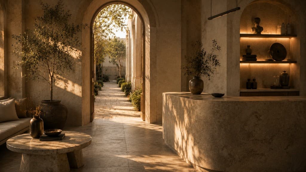 Sunlit stone lobby with an arched doorway opening onto a garden path