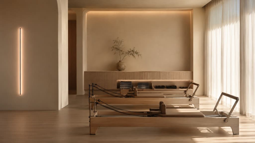 Wooden Pilates reformers in a minimal boutique studio