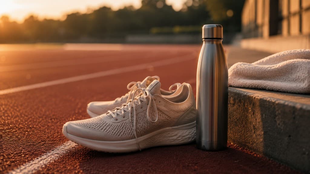 Running shoes and water bottle on a track at golden hour