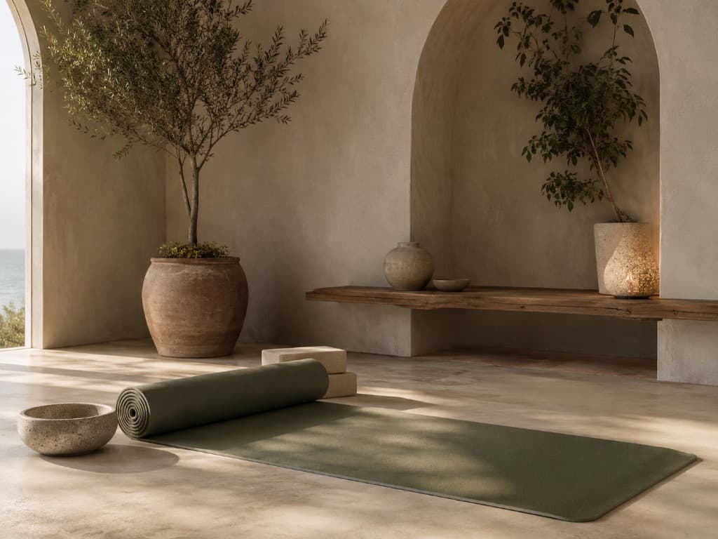 Yoga mat and blocks in a sunlit wellness studio
