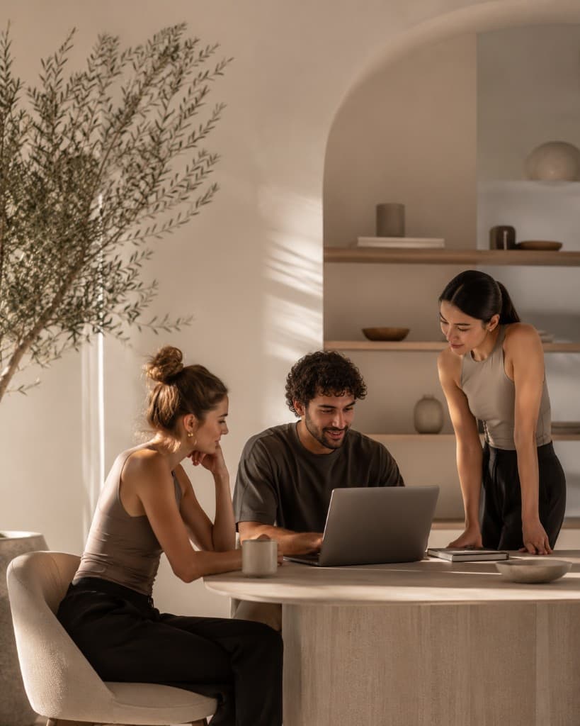 Three teammates collaborating around a laptop in a bright studio