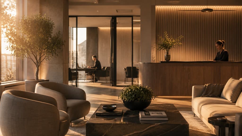 Modern office lobby with lounge seating and a reception desk in warm afternoon light