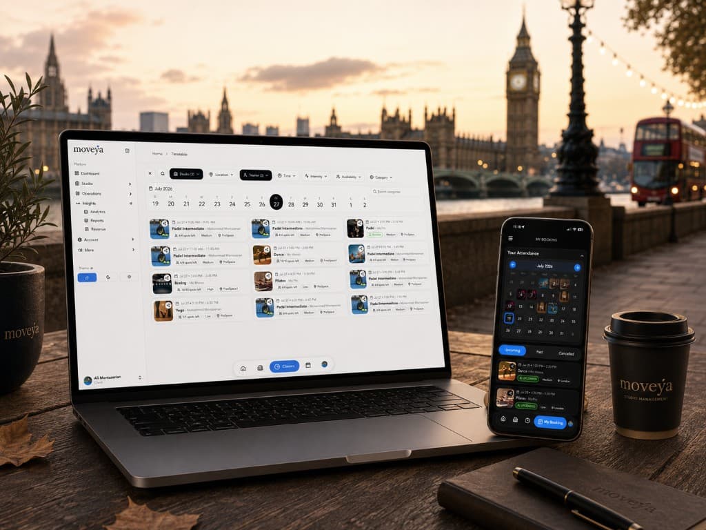 Moveya class booking on laptop and phone overlooking London