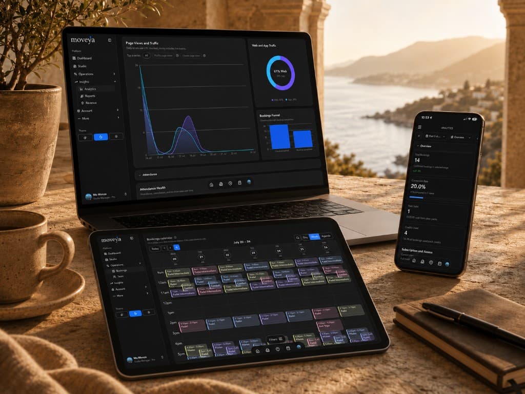 Moveya studio analytics and bookings on laptop, tablet, and phone at sunset