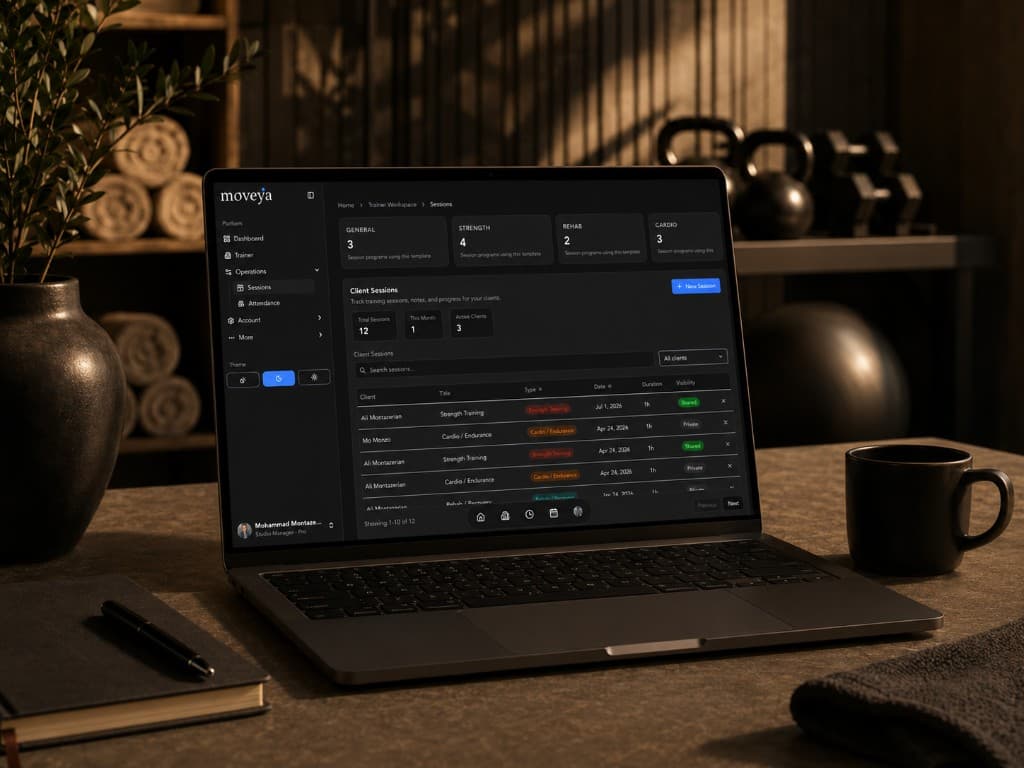 Moveya trainer sessions dashboard on a laptop in a gym