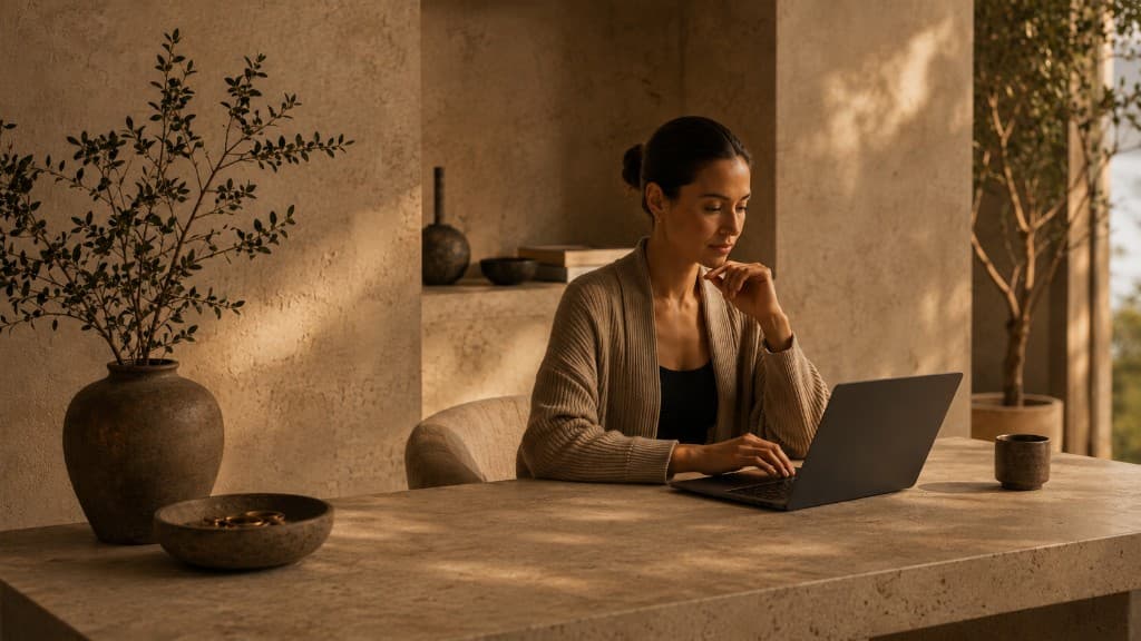 Person working at a laptop in a calm, sunlit workspace