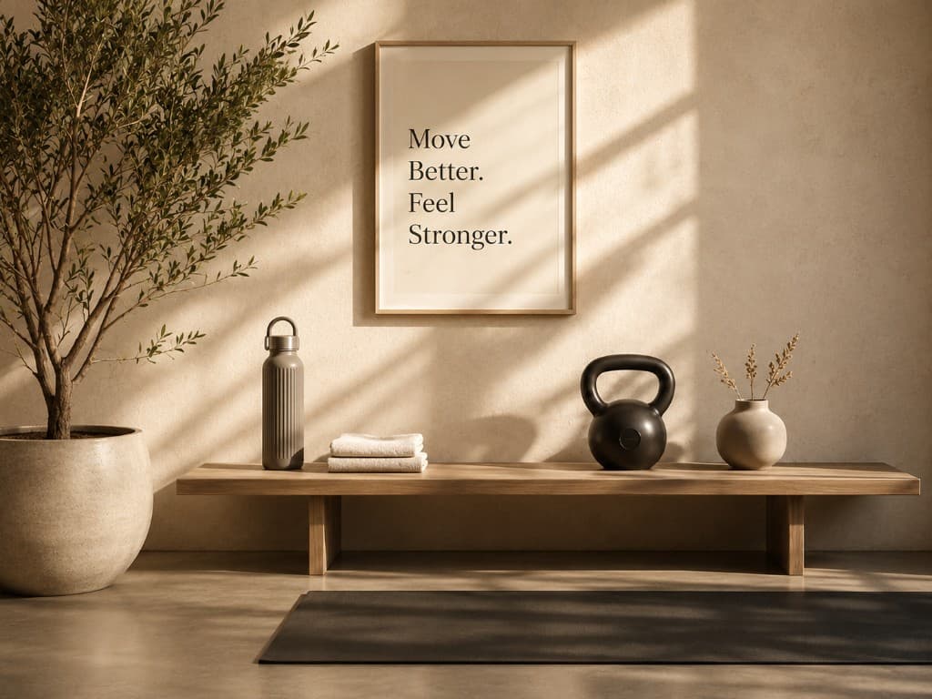 Calm studio with yoga mat, kettlebell, and Move Better poster