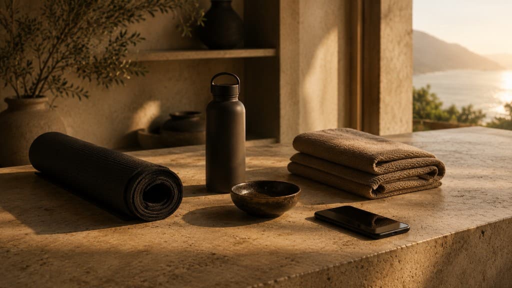 Studio workspace with schedule notes and coffee on a sunlit desk