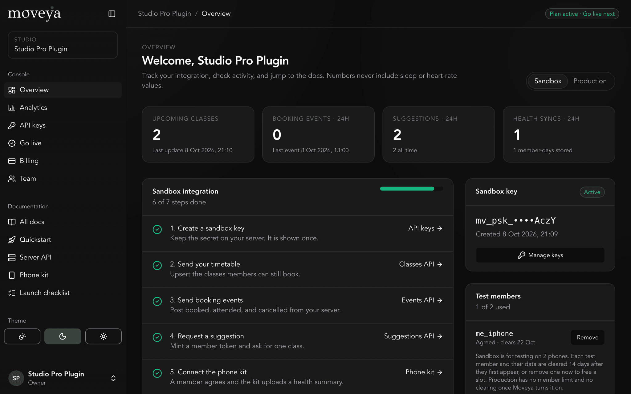 Moveya Intelligence console overview with the integration checklist and sandbox test members
