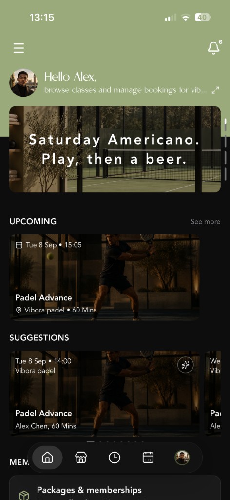 Branded studio app on iOS — home, upcoming classes, and suggestions