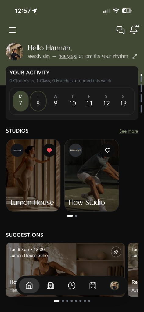 Moveya member home on iOS — greeting, activity, studios, and suggestions