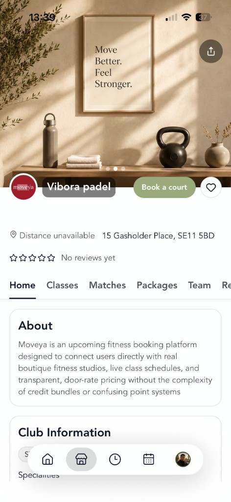 Branded studio app on iOS — studio profile and booking